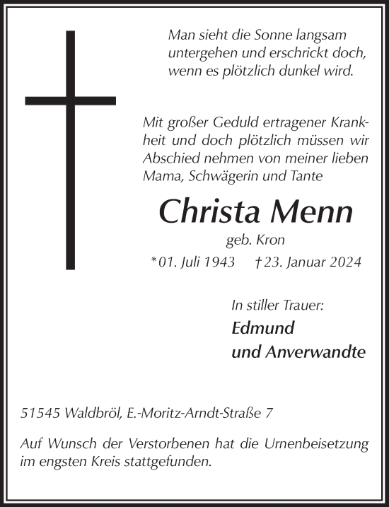 Anzeige von Christa Menn von  Lokalanzeiger 