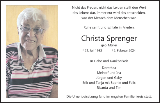 Anzeige von Christa Sprenger von  Bergisches Handelsblatt 