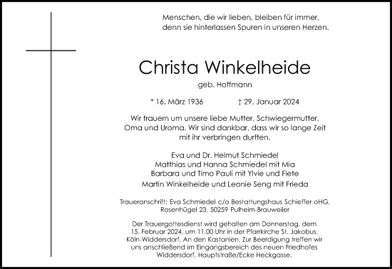 Anzeige von Christa Winkelheide von Kölner Stadt-Anzeiger / Kölnische Rundschau / Express
