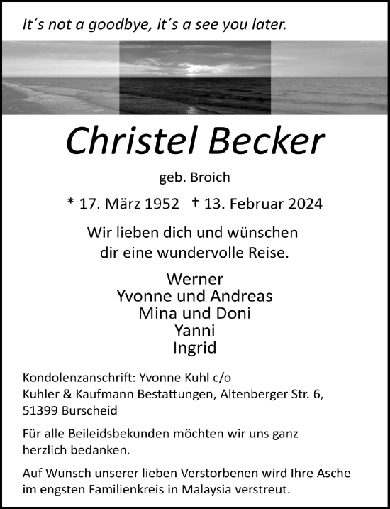 Anzeige von Christel Becker von  Lokale Informationen 