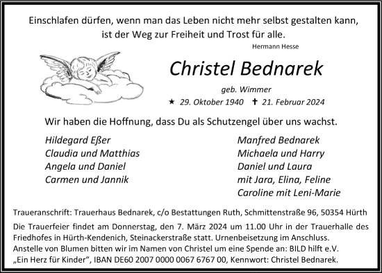 Anzeige von Christel Bednarek von  Wochenende 