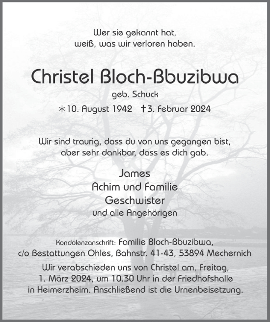 Anzeige von Christel Bloch-ßbuzibwa von  Schaufenster/Blickpunkt 