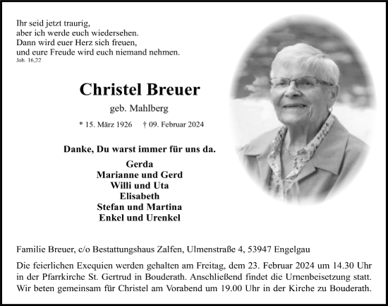Anzeige von Christel Breuer von  Blickpunkt Euskirchen 