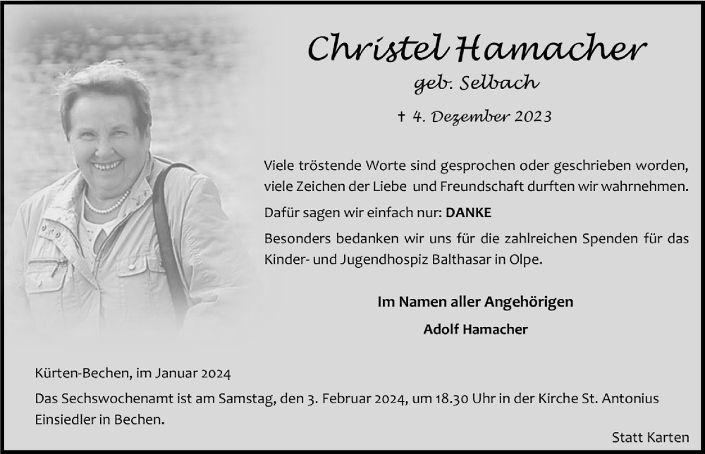  Traueranzeige für Christel Hamacher vom 02.02.2024 aus  Bergisches Handelsblatt 