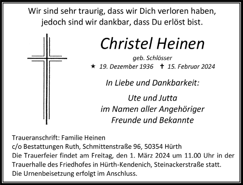  Traueranzeige für Christel Heinen vom 23.02.2024 aus  Wochenende 