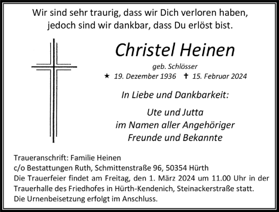 Anzeige von Christel Heinen von  Wochenende 