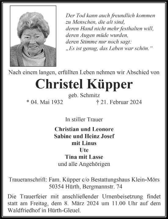Anzeige von Christel Küpper von  Wochenende 