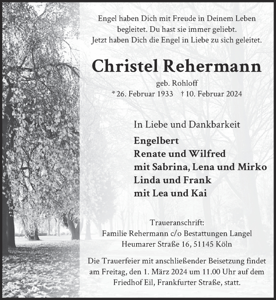  Traueranzeige für Christel Rehermann vom 23.02.2024 aus  EXPRESS - Die Woche 