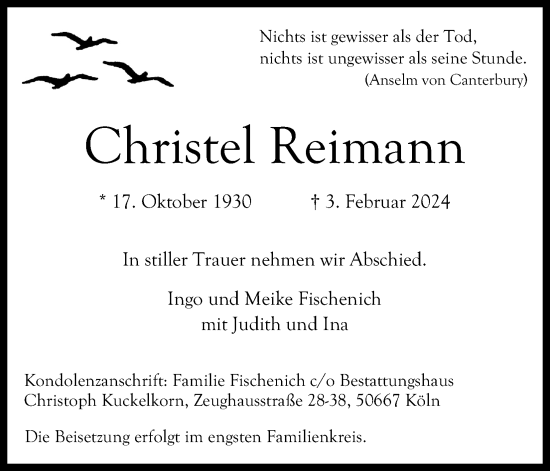 Anzeige von Christel Reimann von Kölner Stadt-Anzeiger / Kölnische Rundschau / Express
