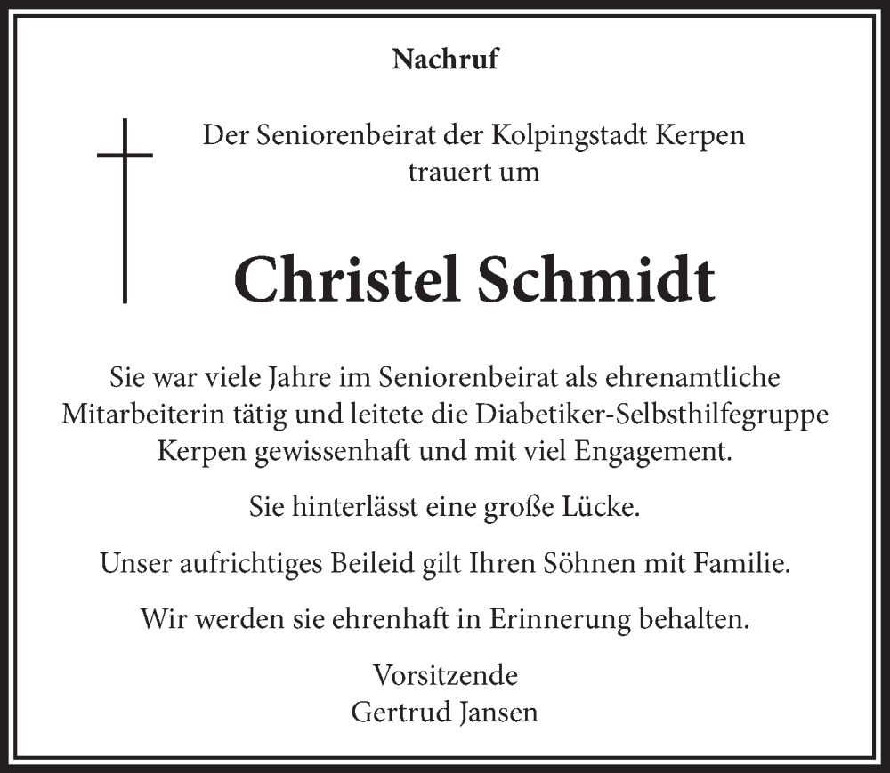  Traueranzeige für Christel Schmidt vom 09.02.2024 aus  Werbepost 