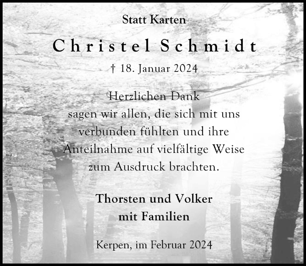  Traueranzeige für Christel Schmidt vom 16.02.2024 aus  Werbepost 