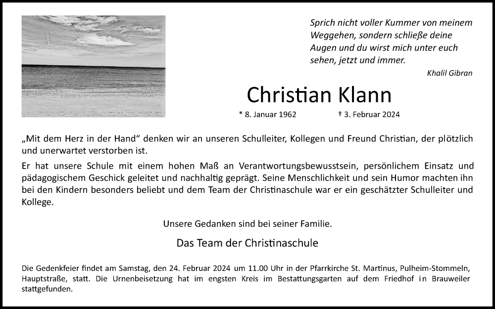  Traueranzeige für Christian Klann vom 17.02.2024 aus Kölner Stadt-Anzeiger / Kölnische Rundschau / Express