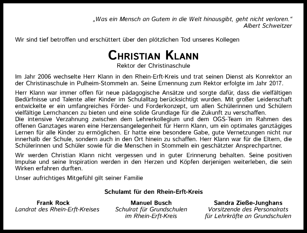  Traueranzeige für Christian Klann vom 17.02.2024 aus Kölner Stadt-Anzeiger / Kölnische Rundschau / Express