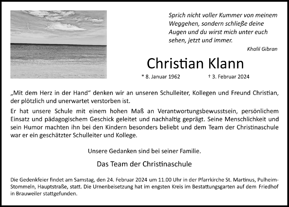  Traueranzeige für Christian Klann vom 16.02.2024 aus  Wochenende 
