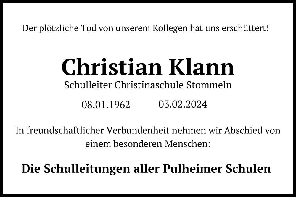  Traueranzeige für Christian Klann vom 10.02.2024 aus Kölner Stadt-Anzeiger / Kölnische Rundschau / Express