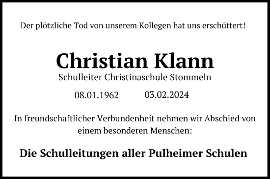 Anzeige von Christian Klann von Kölner Stadt-Anzeiger / Kölnische Rundschau / Express