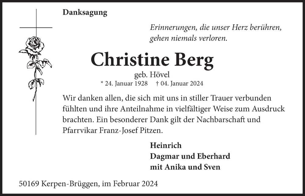  Traueranzeige für Christine Berg vom 16.02.2024 aus  Werbepost 