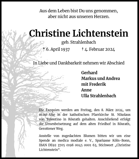 Anzeige von Christine Lichtenstein von Kölner Stadt-Anzeiger / Kölnische Rundschau / Express