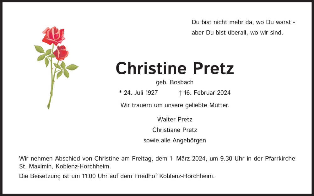  Traueranzeige für Christine Pretz vom 24.02.2024 aus Kölner Stadt-Anzeiger / Kölnische Rundschau / Express