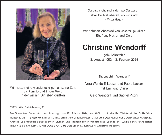 Anzeige von Christine Wendorff von Kölner Stadt-Anzeiger / Kölnische Rundschau / Express