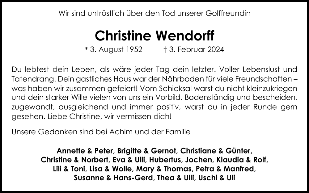  Traueranzeige für Christine Wendorff vom 10.02.2024 aus Kölner Stadt-Anzeiger / Kölnische Rundschau / Express