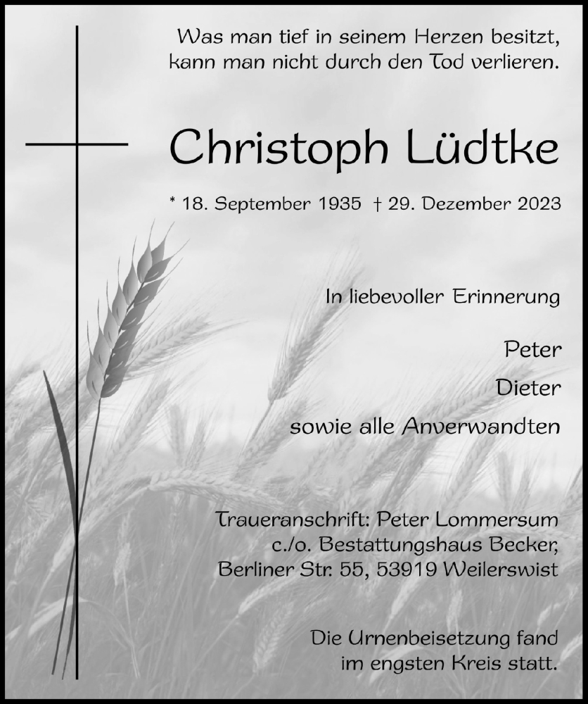  Traueranzeige für Christoph Lüdtke vom 03.02.2024 aus  Blickpunkt Euskirchen 