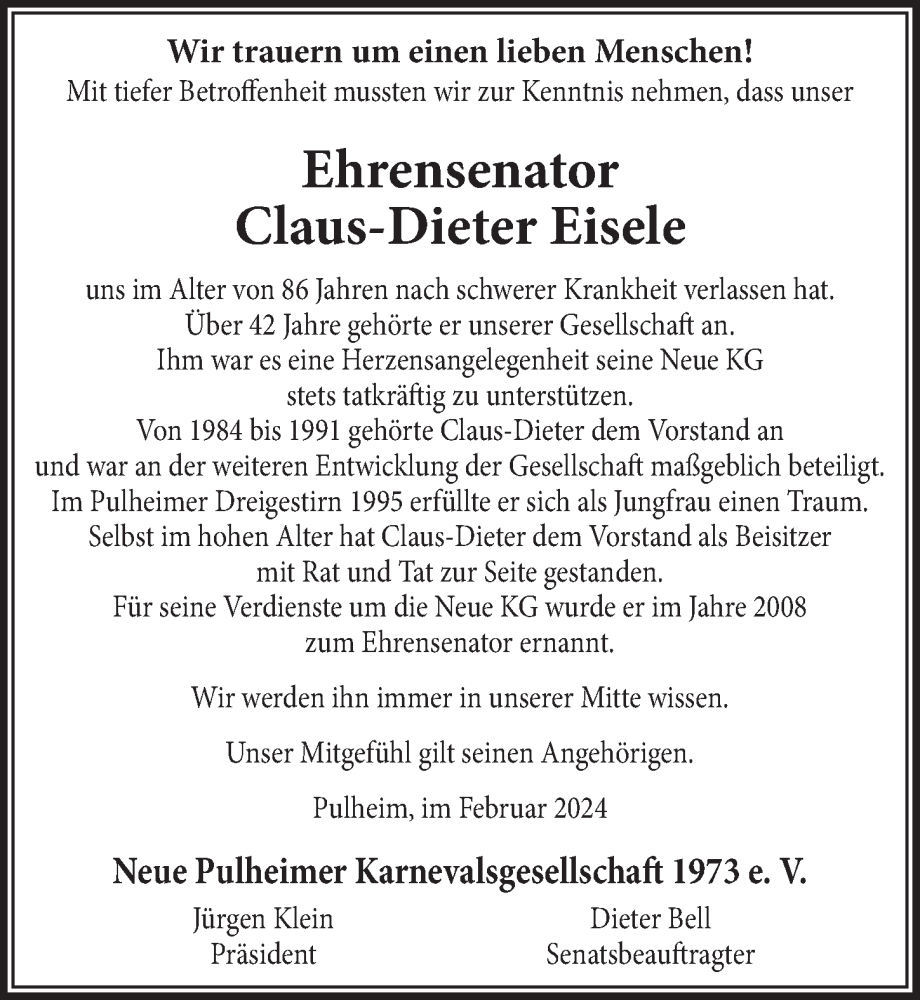  Traueranzeige für Claus-Dieter Eisele vom 16.02.2024 aus  Wochenende 