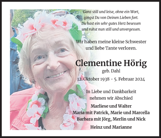 Anzeige von Clementine  Hörig von Kölner Stadt-Anzeiger / Kölnische Rundschau / Express
