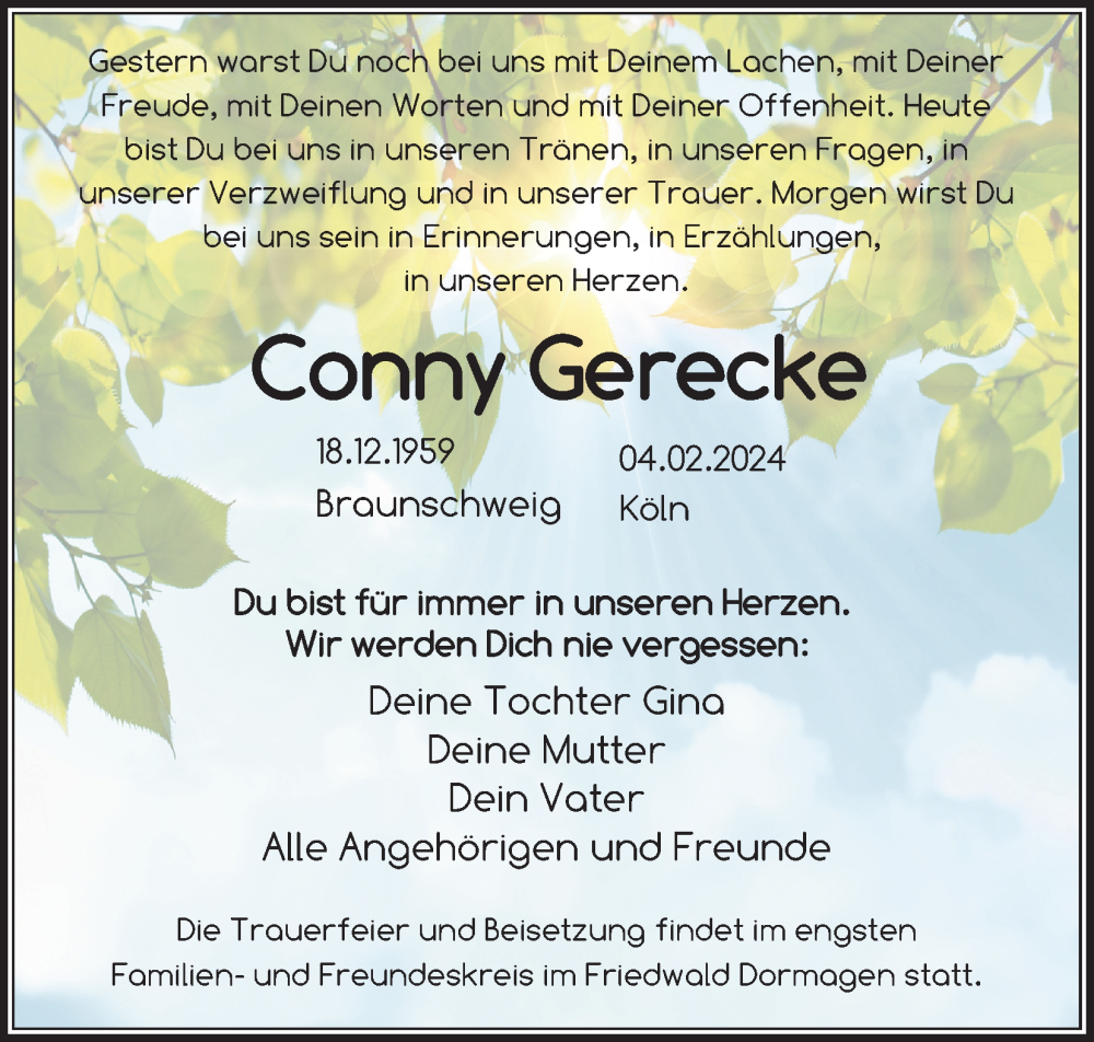  Traueranzeige für Conny Gerecke vom 17.02.2024 aus Kölner Stadt-Anzeiger / Kölnische Rundschau / Express