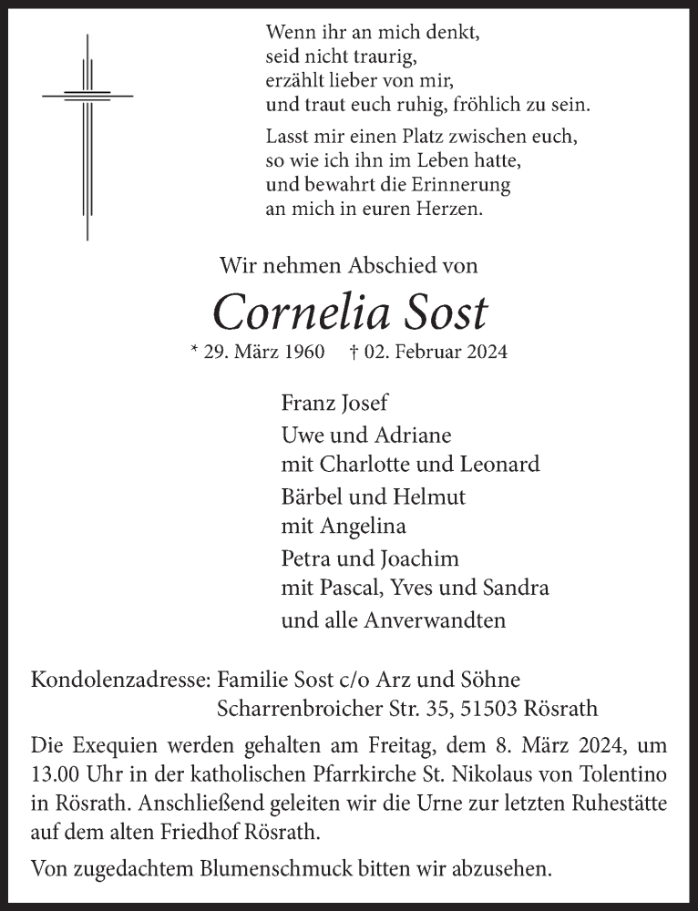  Traueranzeige für Cornelia Sost vom 23.02.2024 aus  Bergisches Handelsblatt 