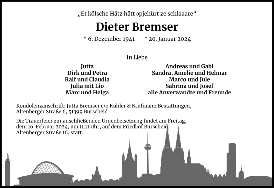 Anzeige von Dieter Bremser von Kölner Stadt-Anzeiger / Kölnische Rundschau / Express