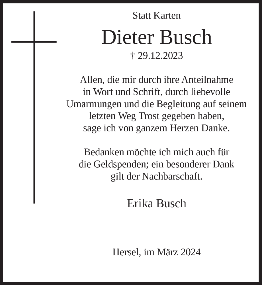  Traueranzeige für Dieter Busch vom 01.03.2024 aus  Schaufenster/Blickpunkt 