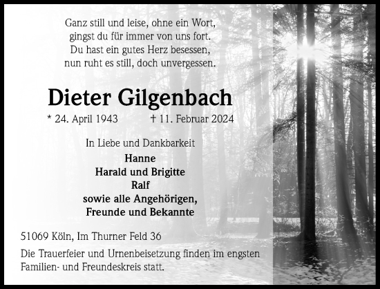 Anzeige von Dieter Gilgenbach von Kölner Stadt-Anzeiger / Kölnische Rundschau / Express