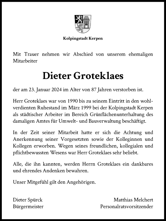 Anzeige von Dieter Groteklaes von Kölner Stadt-Anzeiger / Kölnische Rundschau / Express