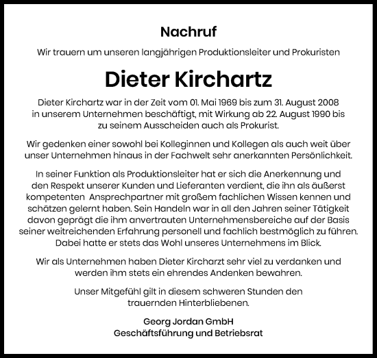 Anzeige von Dieter Kirchartz von Kölner Stadt-Anzeiger / Kölnische Rundschau / Express