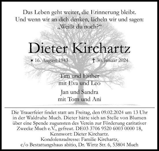 Anzeige von Dieter Kirchartz von Kölner Stadt-Anzeiger / Kölnische Rundschau / Express