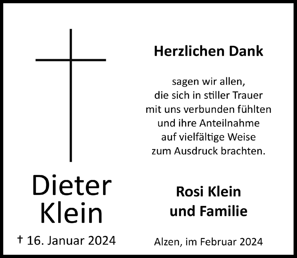  Traueranzeige für Dieter Klein vom 01.03.2024 aus  Lokalanzeiger 