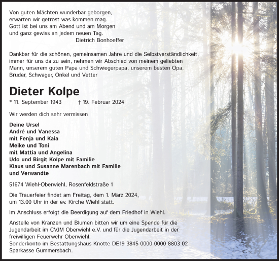 Anzeige von Dieter Kolpe von Kölner Stadt-Anzeiger / Kölnische Rundschau / Express