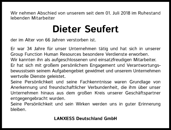 Anzeige von Dieter Seufert von Kölner Stadt-Anzeiger / Kölnische Rundschau / Express