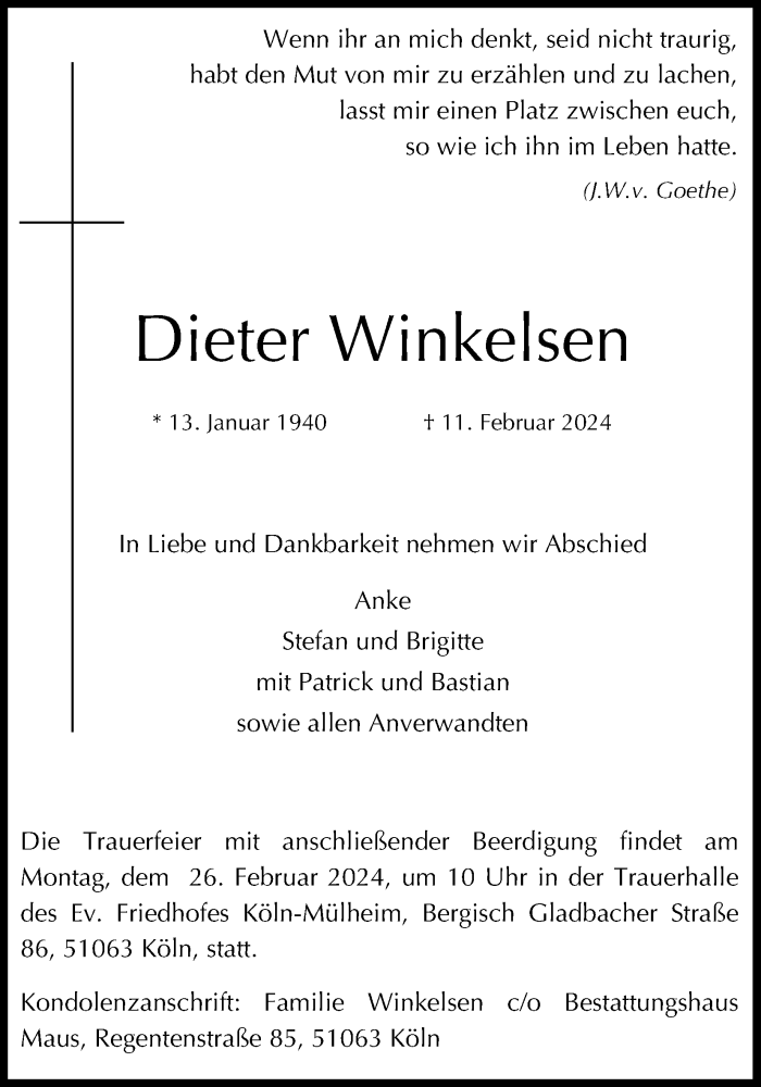  Traueranzeige für Dieter Winkelsen vom 24.02.2024 aus Kölner Stadt-Anzeiger / Kölnische Rundschau / Express