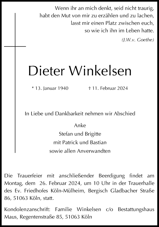 Anzeige von Dieter Winkelsen von Kölner Stadt-Anzeiger / Kölnische Rundschau / Express