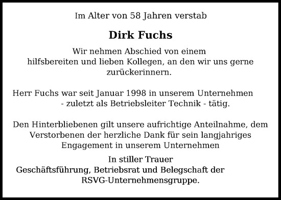 Anzeige von Dirk Fuchs von Kölner Stadt-Anzeiger / Kölnische Rundschau / Express
