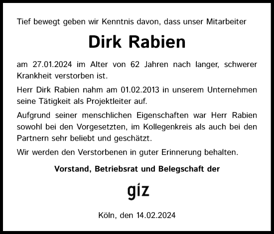 Anzeige von Dirk Rabien von Kölner Stadt-Anzeiger / Kölnische Rundschau / Express