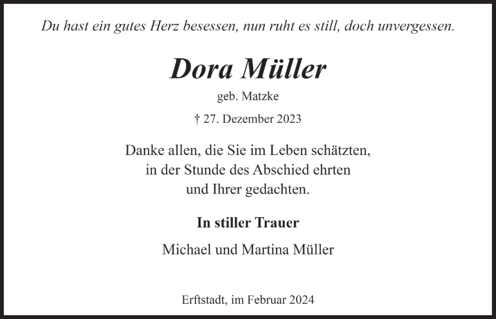  Traueranzeige für Dora Müller vom 02.02.2024 aus  Werbepost 