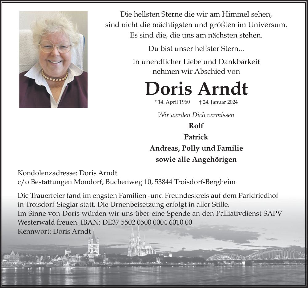  Traueranzeige für Doris Arndt vom 21.02.2024 aus Kölner Stadt-Anzeiger / Kölnische Rundschau / Express