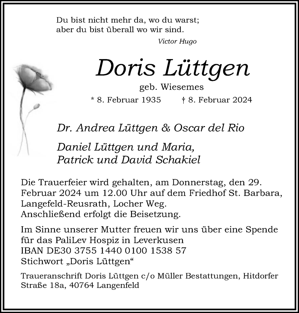  Traueranzeige für Doris Lüttgen vom 24.02.2024 aus Kölner Stadt-Anzeiger / Kölnische Rundschau / Express