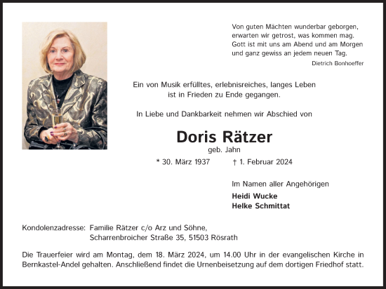 Anzeige von Doris Rätzer von Kölner Stadt-Anzeiger / Kölnische Rundschau / Express