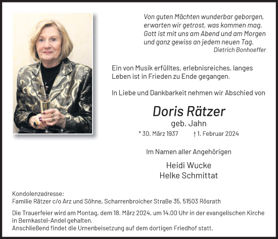 Anzeige von Doris Rätzer von  Schlossbote/Werbekurier 