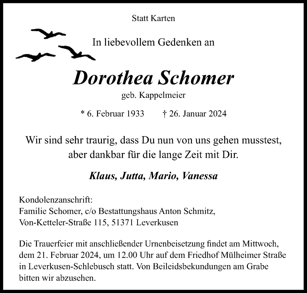  Traueranzeige für Dorothea Schomer vom 17.02.2024 aus Kölner Stadt-Anzeiger / Kölnische Rundschau / Express