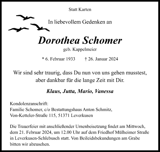 Anzeige von Dorothea Schomer von Kölner Stadt-Anzeiger / Kölnische Rundschau / Express